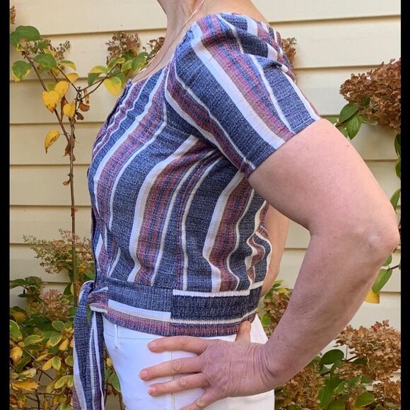 Drew linen, maroon/blue/white striped blouse, new, short sleeves, waist ties, S - Picture 7 of 8